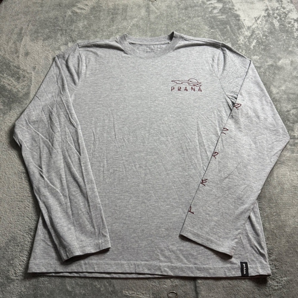 Prana Mens Long Sleeve Graphic Tee Heather Gray Mountain Back Print Size M